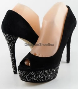 $395 B BRIAN ATWOOD BEA Black Suede Jeweled Designer Platform Pumps 8.5 EUR 39 - Picture 1 of 4