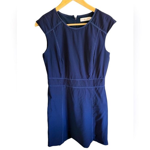 Abito donna Tory Burch elegante lana marina minimalista tubino cappuccio manica taglia 10