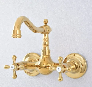 Grifo de lavabo giratorio de latón color dorado de montaje en pared doble mango - Imagen 1 de 10