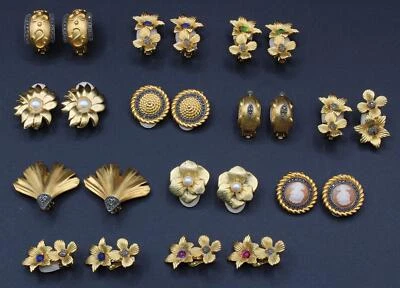 批量 12 件 Judith Jack 镀金 Marcasite 浮雕贝壳珍珠耳环 — 第 1/3 张图片