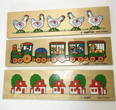 Vintage Simplex Wooden Puzzle Lot Of 3 Clowns Chickens Houses Made in Holland - Image 1 of 4