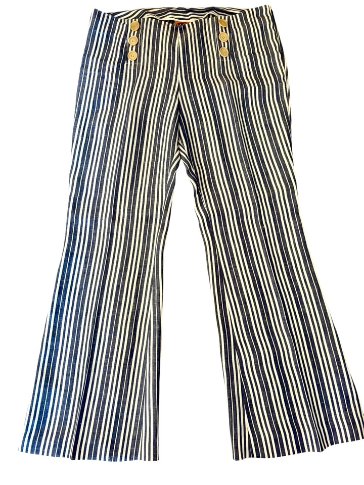Tory Burch 100% Linen Wide Leg Blue White Striped Pants Sz 14 Nautical - Image 1 of 4