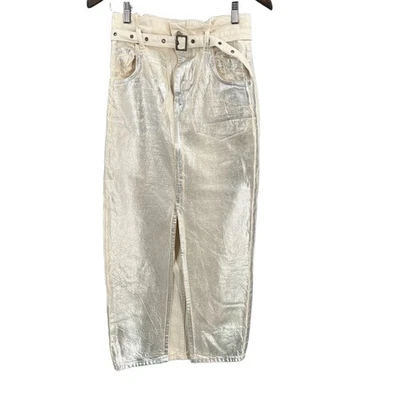 Maxi Falda Lápiz Zara Metálico Plateado Recubierto Denim Cinturón Cintura Alta Talla S Foto 1 de 4