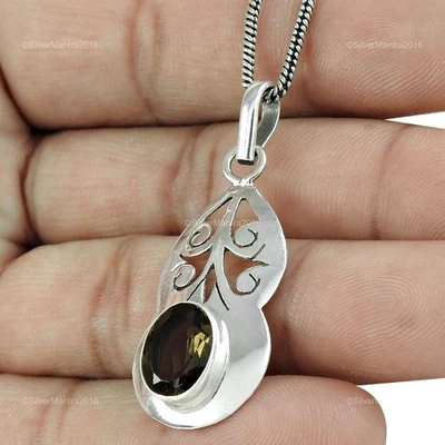 Colgante de plata de ley 925 real con piedras preciosas de cuarzo ahumado natural regalo de Navidad Foto 1 de 4