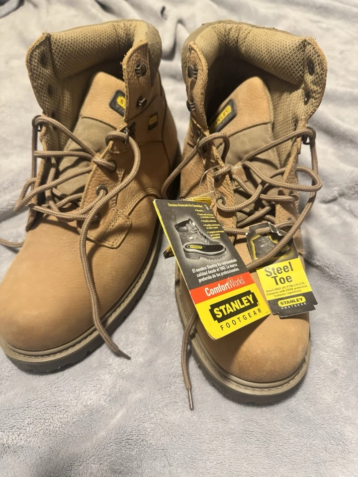 Botas de trabalho masculinas Stanley tamanho 13 biqueira de aço couro marrom com cadarço sapatos de segurança - Imagem 1 de 3