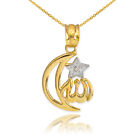 10K Gold Diamond Crescent Moon Allah Pendant Necklace