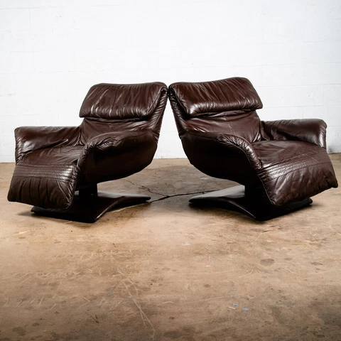 Mid Century Danish Modern Lounge Chair Club Set Swivel Brown Leather Pair Set NM Cover