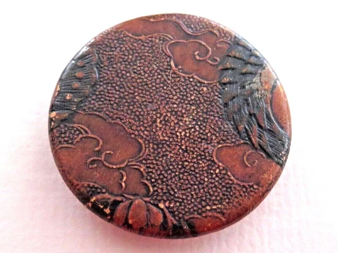 Antique Pressed & Dyed Leather Button - Oriental Design, Padback Cover