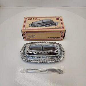 Vintage Chrome Plated Tudor Rose Butter Dish With Glass Insert and Spreader