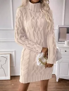 Strickkleid Midi Mini Kleid Strick-Optik Flechtmuster Pulli-Kleid beige creme L - Bild 1 von 8