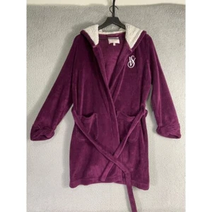 Victoria's Secret Hooded Fleece Robe Purple Sherpa Lined Tie Waist Bathrobe S/P - Picture 1 of 10