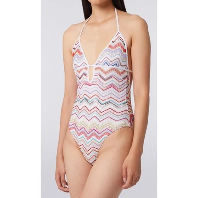 MISSONI SIZE 44 US 8 HALTER PLUNGE ZIGZAG KNIT ONE PIECE SWIMSUIT MULTI NEW - Image 1 of 4