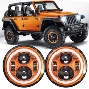 Orange Pair DOT 7" Round LED Headlights Halo DRL For Jeep Wrangler JK LJ CJ TJ - Picture 1 of 12