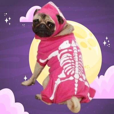 Dog Skeleton Halloween Costume Pet Glow Bones Costume Puppy GLOWS in Dark PINK - Image 1 of 3
