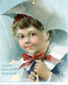 Grande cartolina commerciale vittoriana emulsione di Scott del 1890. Ottimo colore. Il giorno di pioggia - Foto 1 di 2