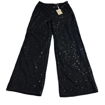Elie By Elie Tahari Black Sequin Pants Size 8 High Waist Wide Leg Washable NWT - Image 1 of 4