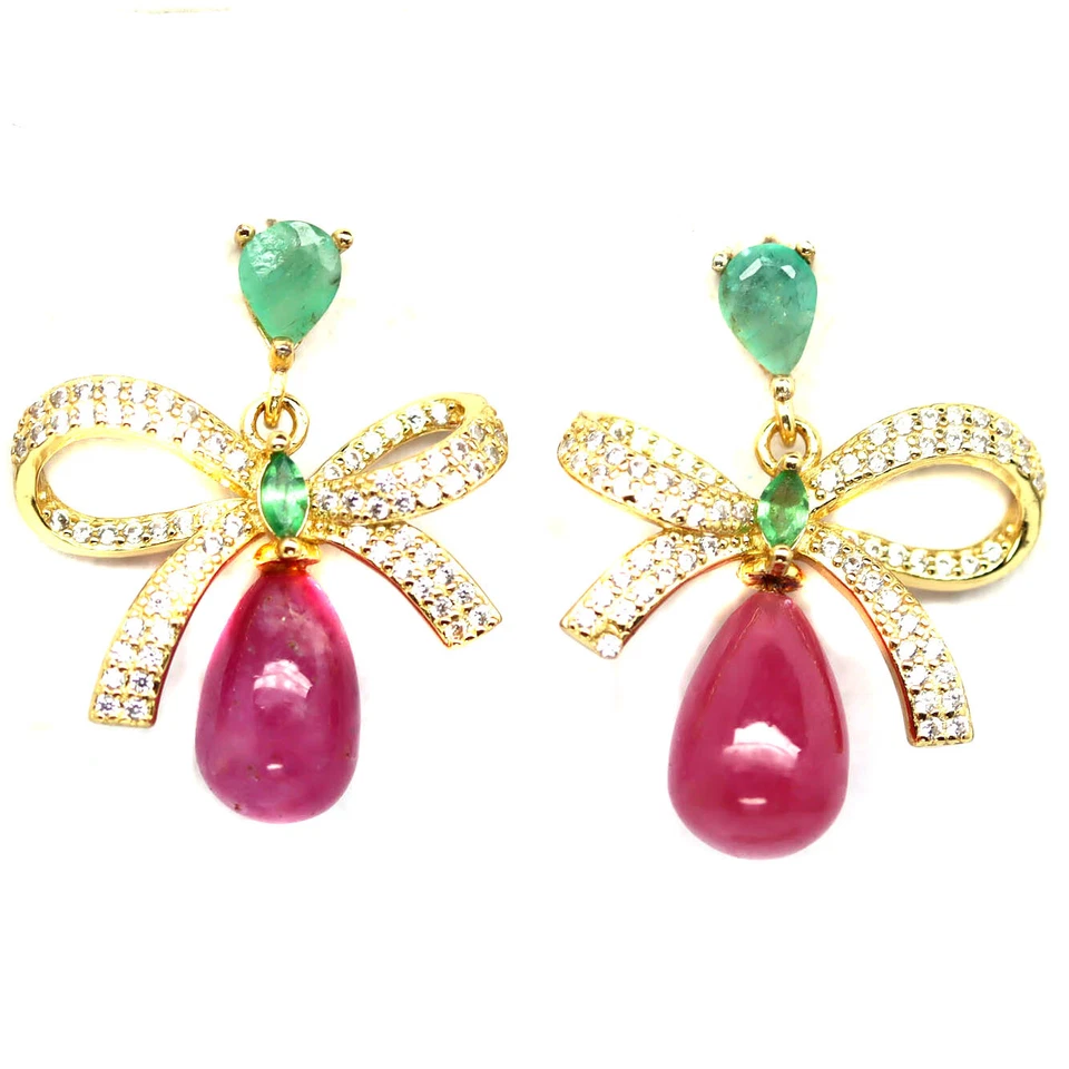 Heizbar 8x12 Mm. Rot Rubin,Smaragd & Cubic Zirkonia Ohrringe 925 Sterlingsilber - Bild 1 von 4