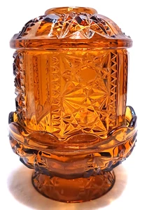 Vintage Indiana Glass Fairy Lamp Amber Cut Glass Light Stars and Bars 6” Tall - Picture 1 of 10