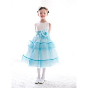 WHITE TURQUOISE Size 8 Satin Top Flower Girl Dress Party Birthday Bridesmaid - Picture 1 of 1
