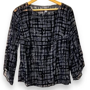 Alfani Black Velvet Burnout 3/4 Sleeve Blouse Top Shirt Womens Petite Large PL - Picture 1 of 9