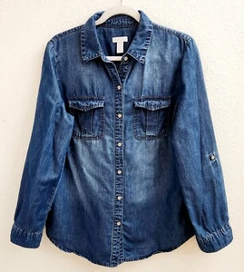 Chico's Women's Blue Denim Collared Button Pockets Front Up Long Sleeve Top sz 1 - Picture 1 of 7
