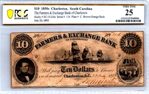 $10 Charleston, South Carolina 1850's Farmers Bank PCGS 25 VF Obsolete Banknote - Picture 1 of 3