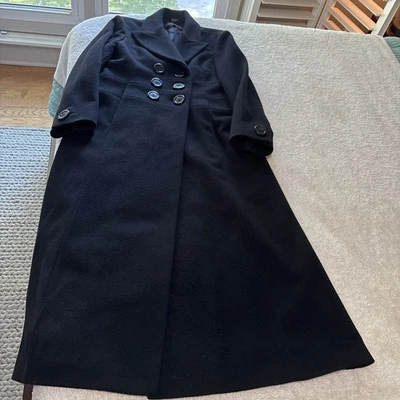 Anne Klein Size 8 Wool Women’s Long Black Three Breast Trench Coat - Image 1 of 4