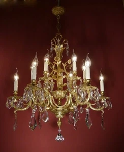 ANTIQUE VINTAGE CHANDELIER BRASS CRYSTAL 12 LIGHTS LAMP FRENCH OLD Ø 32" - Picture 1 of 8