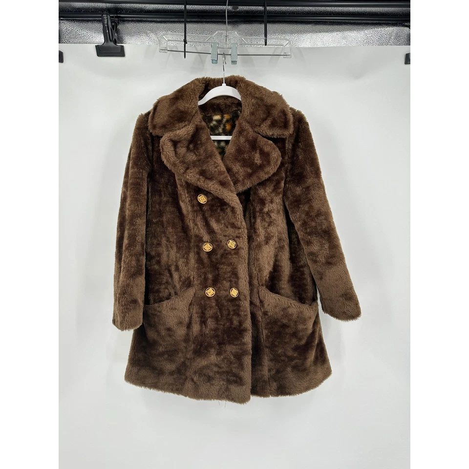 Abrigo de piel sintética vintage años 60 Sears para mujer marrón felpa chaqueta de doble pecho EE. UU. Foto 1 de 4