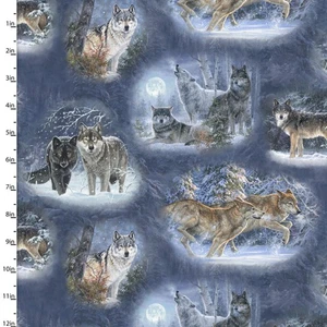 UNDER THE MOONLIGHT WOLVES BY 3 WISHES WOLF PACK FOREST ANIMALS FABRIC HALF YARD - Picture 1 of 1
