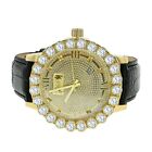  Real Diamond Dial Men's Yellow Gold Tone Solitaire Bezel Genuine Leather Watch