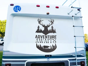 Camper RV Decal, Camping Sticker, Forest Deer Bear Travel Logo Adventure Awaits. - Picture 1 of 11