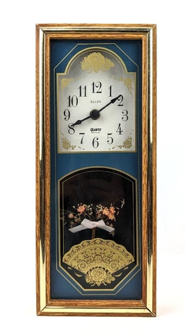 Vintage Elgin Quartz 12" Shadowbox Tabletop Framed Clock Floral Dried Flowers Cover
