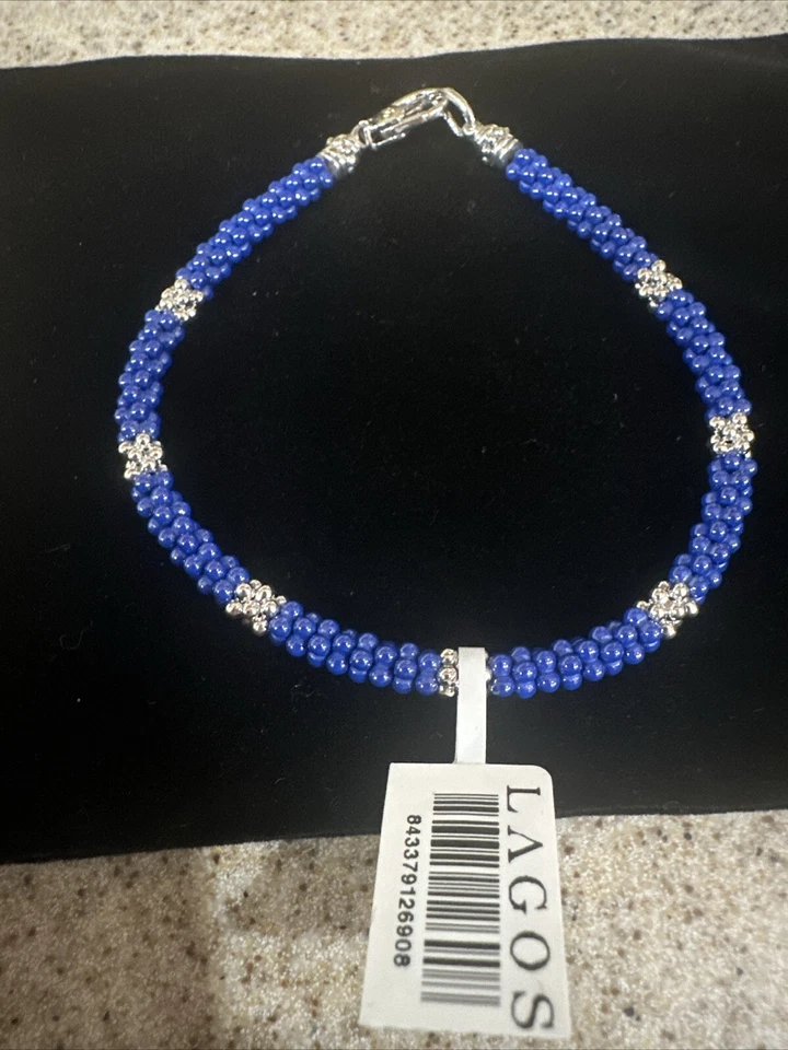 Pulsera LAGOS Cuerda Caviar Azul Plata 925 18K Talla Grande 8 Nueva Con Etiquetas Foto 1 de 4