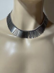 Vintage Signed Mid Century Silver Tone Fringe Spikes Collar Cleopatra Necklace