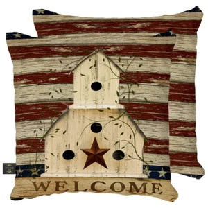 Americana Welcome Patriotic Decorative Pillow Primitive Indoor Outdoor 17" x 17" - Picture 1 of 1