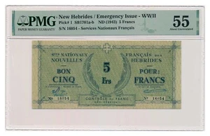NUEVO BILLETE HEBRIDAS 5 francos 1943 PMG AU 55 sobre sin circular - Imagen 1 de 7