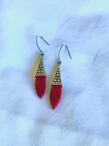 Red Coral reversible artisan Sterling Silver dangle earrings - Picture 1 of 3