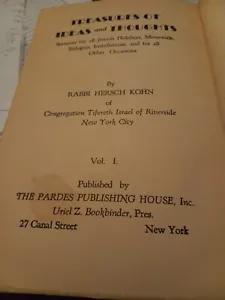 VINTAGE HEBREW YIDDISH BOOK TREASURES OF IDEAS & THOUGHTS RABBI HERSCH KOHN 1933 - Picture 1 of 8