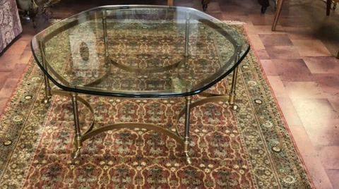Hollywood Regency  Hoof Foot Hexagon Brass Glass top coffee cocktail Table #2 Cover