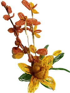 Vintage French Orange Glass Beaded Flowers - Picture 1 of 7