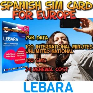 LEBARA SPAIN PREPAID SIM CARD 7GB 100' 100 SMS FREE ROAMING EUROPE (VODAFONE) - Zdjęcie 1 z 1