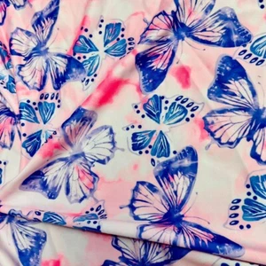 Blue Butterflies Pink and White Tie Dye Background Print Nylon Spandex Fabric 4 - Picture 1 of 5