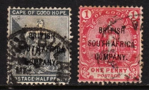 RHODESIA — SCOTT 43,44 (SG 58,59) — 1896 OVERPRINTS — USED —SCV $48.00 - Picture 1 of 2