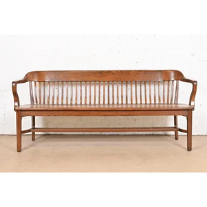 Antique Arts & Crafts Solid Oak Lawyer's Bench, Newly Refinished - Picture 1 of 11