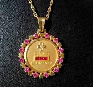 4Ct Lab Created Red Ruby Qu'hier Que Demain Love Pendant 14K Yellow Gold Finish - Picture 1 of 6