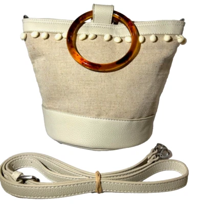 Anthropologie Shiraleah Crossbody Bag Bucket Purse Cream Woven Pebbled Leather Foto 1 de 4