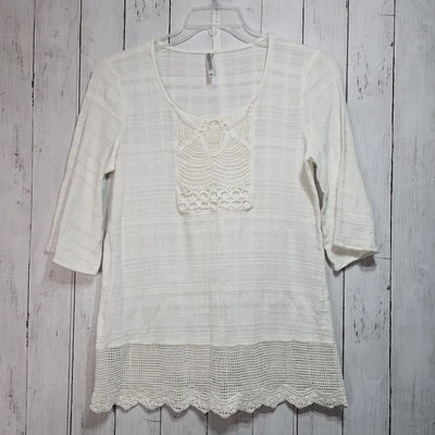 Monoreno 衬衫女式白色棉钩针大圆领 3⁄4 袖 XS 码 — 第 1/4 张图片