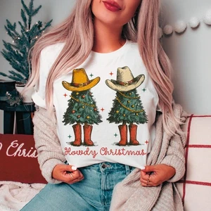 Howdy Weihnachtsshirt Western Cowboy Retro Baum Cowgirl Urlaub Xmas Outfit - Bild 1 von 6