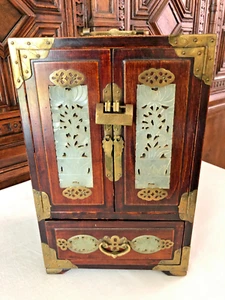 Vintage Chinese Jade Panelled Jewellery Cabinet 12" high 5 Drawers Working Lock - Picture 1 of 20